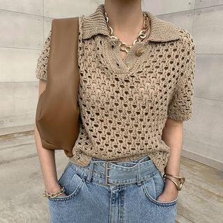 Short-sleeve Polo Loose-knit Top Khaki - One Size