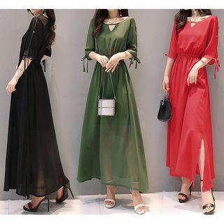 Chiffon Elbow-sleeve Maxi Dress