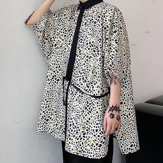 Leopard Print Elbow-sleeve Shirt White - One Size