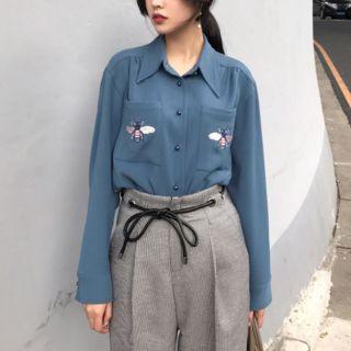 Bee Embroidered Loose-fit Long Sleeve Chiffon Blouse