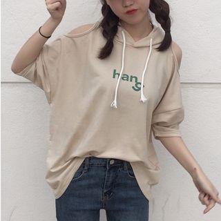Cutout Shoulder Lettering Print Short-sleeve Hooded Top