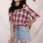 Mock Two-piece Plaid Elbow-sleeve Top