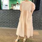Puff-sleeve Plain Maxi A-line Dress Pink - One Size