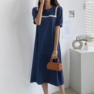 Puff-sleeve Pipe-trim Dress