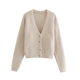 Long Sleeve V-neck Plain Loose-fit Cardigan