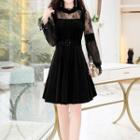 Belted Long-sleeve Lace Panel A-line Dress