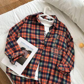 Color-block Plain Lettering Printed Long-sleeve Blouse Tangerine Red - One Size