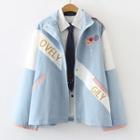 Long-sleeve Color Block Lettering Printed Zip Jacket Light Blue - One Size