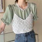 Set: Puff-sleeve Ruffled Blouse + Crochet Lace Camisole Top