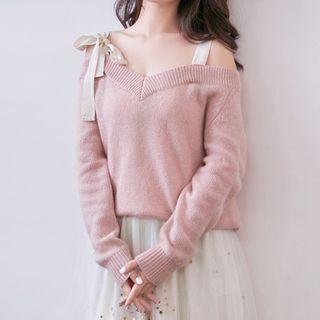 Cold-shoulder V-neck Sweater Pink - One Size