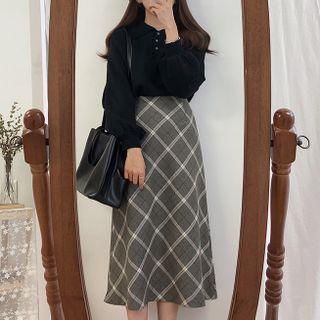 Polo Sweater / Plaid Mini Skirt / Set
