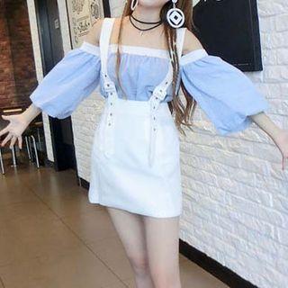 Set: Striped Off-shoulder 3/4 Sleeve Top + Suspender A-line Skirt