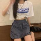 Short-sleeve Lettering T-shirt / Drawstring A-line Skirt
