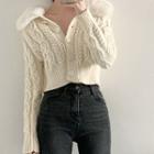 Fluffy Collar Cable Knit Cropped Cardigan Off-white - One Size
