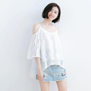 Cut Out Shoulder Lace 3/4 Sleeve Top