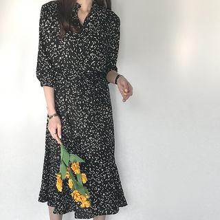 Mandarin-collar Half-placket Patterned Maxi Shirtdress