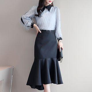Set: Long-sleeve Fringed Shirt + Midi Mermaid Skirt
