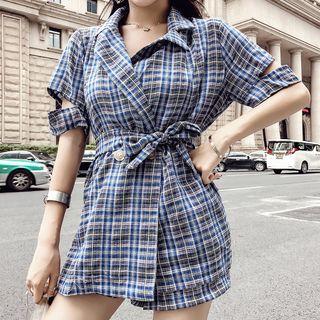 Set: Plaid Short-sleeve Ripped Light Jacket + Plaid Shorts