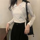 Long-sleeve Collared Tie-waist Knit Top