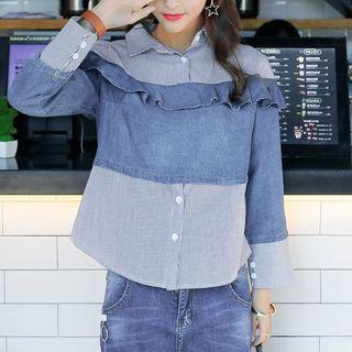 Denim Panel Ruffle Blouse