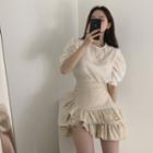 Striped Puff-sleeve Blouse / Ruffle Skirt