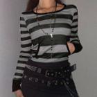 Long Sleeve Striped Color-block Ribbed-knit Hooded T-shirt