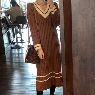 Piped Wool Blend Rib-knit Dress Brown - One Size
