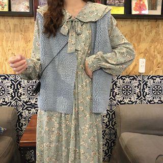 Fluffy Open Front Vest / Flower Print Long-sleeve Midi A-line Dress