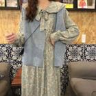 Fluffy Open Front Vest / Flower Print Long-sleeve Midi A-line Dress