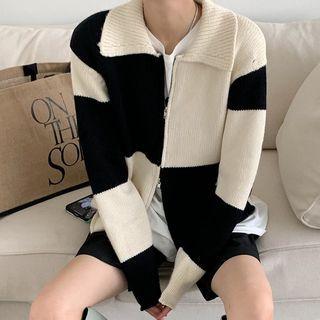 Checkered Zip Cardigan Black & White - One Size