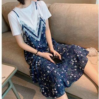 Mock Two-piece Short-sleeve Floral Print A-line Midi Dress