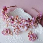 Wedding Set: Flower Tiara + Earring Pink - One Size