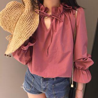 3/4-sleeve Ruffle Trim V-neck Top
