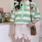 Embroidered Heart Stripe Short-sleeve Hooded T-shirt