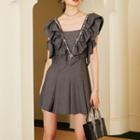 Cap-sleeve Ruffled Rhinestone Mini A-line Dress