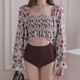 Set: Floral Long-sleeve Swim Top + High-waist Bottom