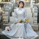 Long-sleeve Bow-accent Check Dress