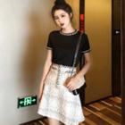 Set: Short-sleeve Top + Plaid A-line Skirt