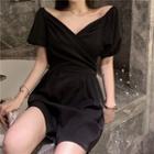 Plain V-neck Puff-sleeve Playsuit As Shown In Figure - One Size