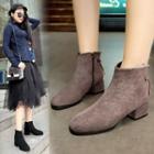 Faux Suede Back Tie Block Heel Ankle Boots