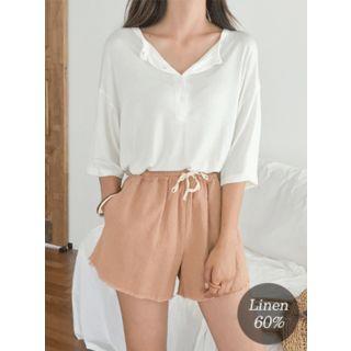 Drawcord Fray-hem Linen Blend Shorts