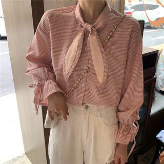 Tie Neck Plaid Blouse As Shown In Figure - One Size