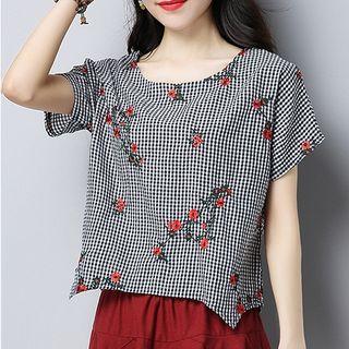 Floral Embroidered Gingham Short-sleeve Top