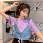 Mock Two-piece Denim Panel Short Sleeve T-shirt