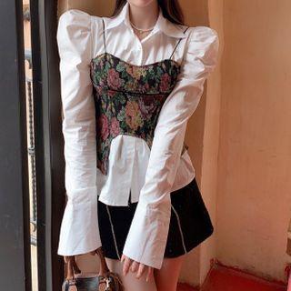 Set: Puff-sleeve Shirt + Floral Print Crop Camisole Top