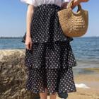 Dotted Tiered Midi A-line Skirt White Dots - Black - One Size