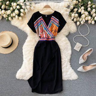 V-neck Color Block Panel Short-sleeve Dress