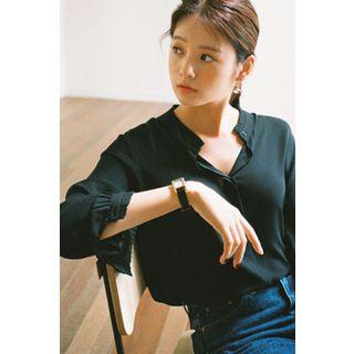 Mandarin-collar Pleat-trim Crepe Shirt