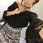 Set: Off-shoulder Paneled Top + Printed A-line Skirt