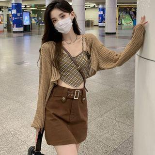 Plaid Camisole Top / Mini A-line Skirt / Cardigan